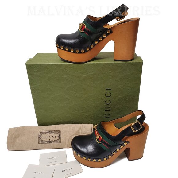 GUCCI SHOES HORSEBIT WEB BLACK LEATHER PLATFORM CLOGS w STUDS sz 39.5 9.5 - Picture 4 of 15